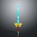 Fantasy Sword With Blue Blade Golden Wing Hilt Red Handle And Blue Gemstone Decoration