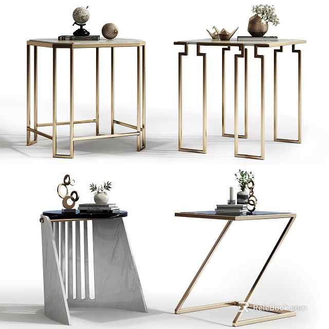 Modern Side Tables With Gold Metal Frames And Sleek Marble Tops For Living Room Decor 3d model 