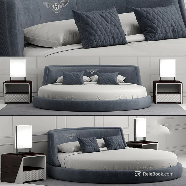 Modern Round Bed Interior With Gray Upholstered Headboard White Bedding Gray Pillows And Nightstands 3d model 