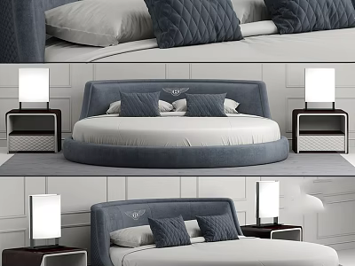 Modern Round Bed Interior With Gray Upholstered Headboard White Bedding Gray Pillows And Nightstands 3d model