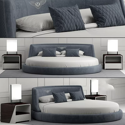 Modern Round Bed Interior With Gray Upholstered Headboard White Bedding Gray Pillows And Nightstands 3d model