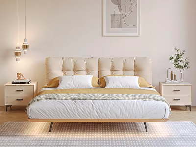 Modern Minimalist Double Bed with Upholstered Headboard Nightstands Pendant Lights Wall Art and Cozy Bedding 3d model