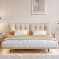 Modern Minimalist Double Bed with Upholstered Headboard Nightstands Pendant Lights Wall Art and Cozy Bedding