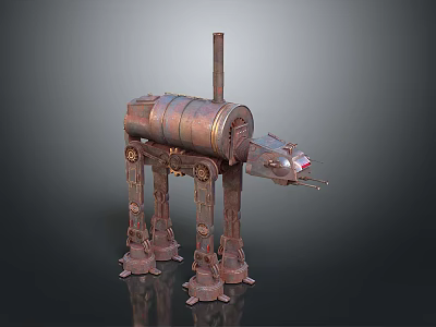 Giant Mechanical Walker With Cylindrical Metal Body Four Legs And Weapon-like Arm 3d model