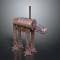 Giant Mechanical Walker With Cylindrical Metal Body Four Legs And Weapon-like Arm