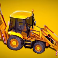 Yellow Backhoe Loader Construction Vehicle With Front Loader Bucket And Rear Excavator Arm