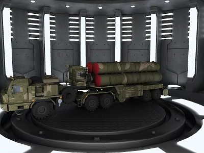 Military Functional Vehicle Featuring Camouflage Paint Missile Launchers and Multi Wheel Design in Indoor 3d model
