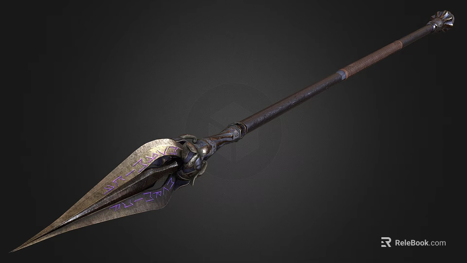 Medieval Fantasy Spear Weapon With Ornate Metal Head And Wooden Shaft Purple Accents 3d model 