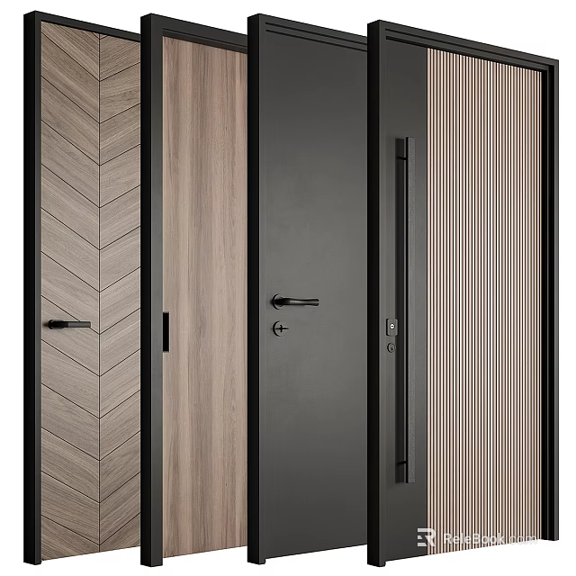Modern Hinged Door With Wooden Herringbone Texture And Black Slim Frame 3d model 