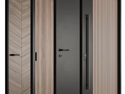 Modern Hinged Door With Wooden Herringbone Texture And Black Slim Frame 3d model