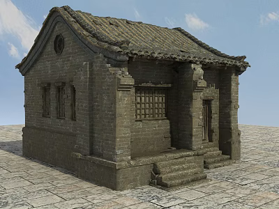 Ancient Traditional Architecture With Brick Structure Tile Roof Lattice Windows Stone Steps And Wooden Door 3d model