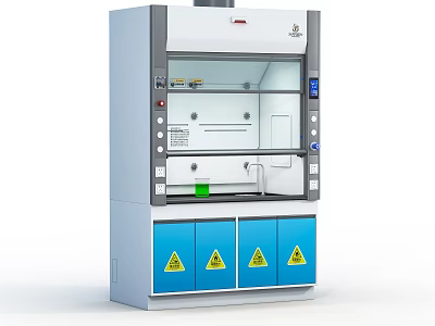 Laboratory Fume Hood With Control Panel Blue Cabinet Doors And Warning Signs 3d model