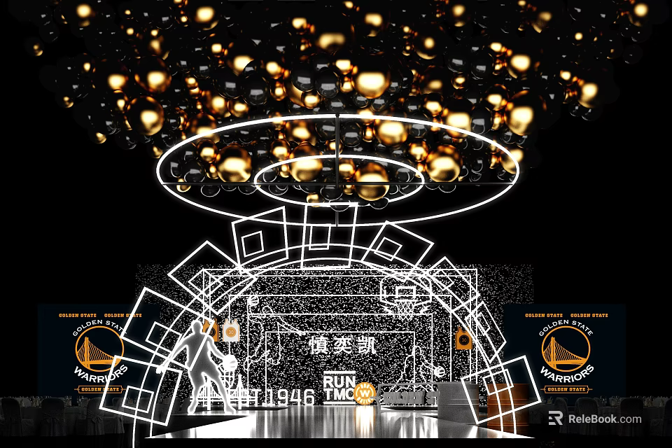 Modern Stage with Golden Spheres Geometric Lines Lighting RUN Text 1949 Numbers on Black Background 3d model 