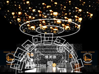 Modern Stage with Golden Spheres Geometric Lines Lighting RUN Text 1949 Numbers on Black Background 3d model