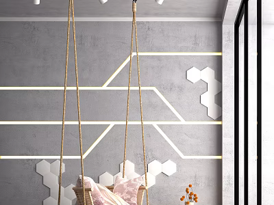 Cozy Hanging Chair in Modern Interior with Gray Wall Geometric Lines and Hexagon Decor 3d model