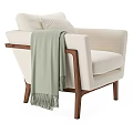 Beige Single Sofa With Wooden Frame Striped Pillow And Throw Blanket
