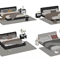 Modern Double Bed Design With Bedside Tables Plants Soft Pillows And Blankets 3d model