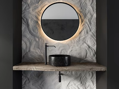 Modern Bathroom Vanity With Round LED Light Mirror And Marble Countertop On Textured Wall 3d model