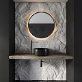 Modern Bathroom Vanity With Round LED Light Mirror And Marble Countertop On Textured Wall
