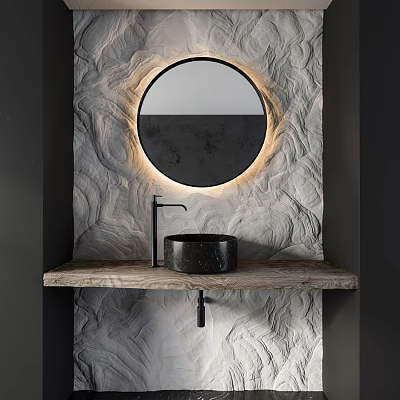 Modern Bathroom Vanity With Round LED Light Mirror And Marble Countertop On Textured Wall 3d model