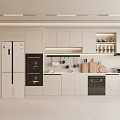 Modern Kitchen Interior With White Cabinets Built in Appliances Hanging Utensils and Wooden Cutting Board