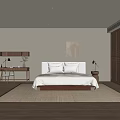 Minimalist Bedroom Interior Featuring Wooden Bed Table Lamps And Natural Rug With Decorative Art