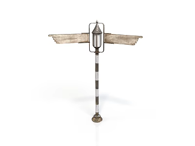 Vintage Wooden Signpost With Metal Lamp Post And Decorative Lantern For Outdoor Living 3d model