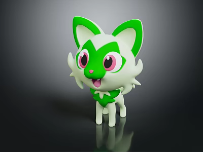 Cute Green And White Cartoon Feline Creature With Big Pink Eyes Standing 3d model