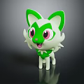 Cute Green And White Cartoon Feline Creature With Big Pink Eyes Standing