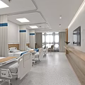 Clean Hospital Ward Setting With White Beds Blue Bedding TV Ceiling Lights And Wooden Cabinet
