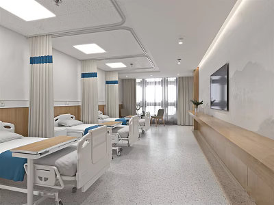 Clean Hospital Ward Setting With White Beds Blue Bedding TV Ceiling Lights And Wooden Cabinet 3d model