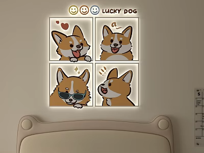 Lighted Cartoon Corgi Wall Decor With Four Grid Design Lucky Dog And Smiley Faces 3d model