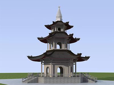 Traditional Chinese Multi tiered Pagoda With Overhanging Eaves White Spire Base Platform And Green Grass 3d model
