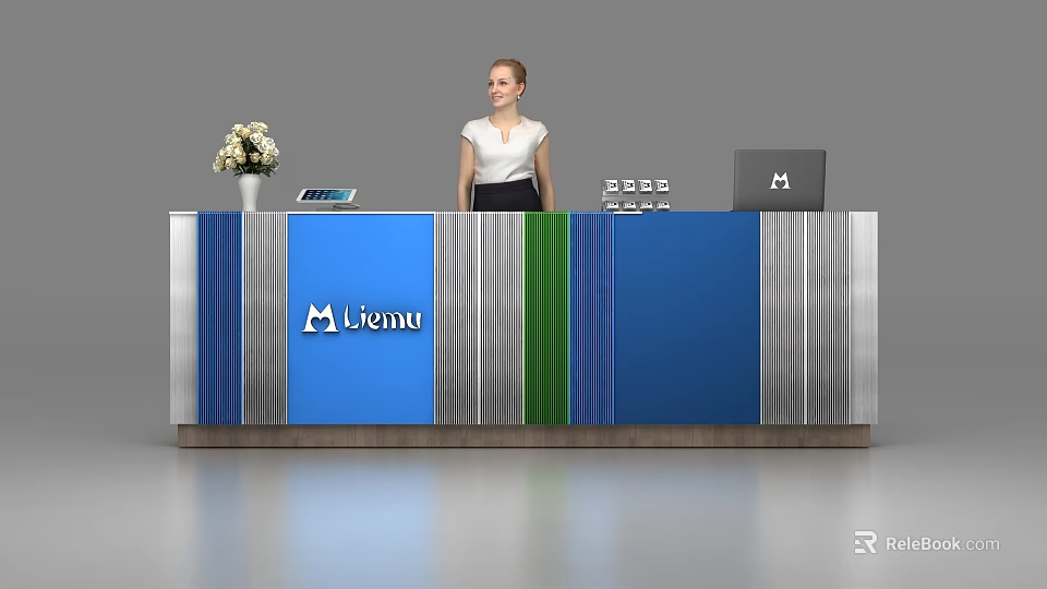 Modern Reception Desk With Blue Green Silver Panels Mirenus Logo Flower Vase Tablet And Laptop 3d model 