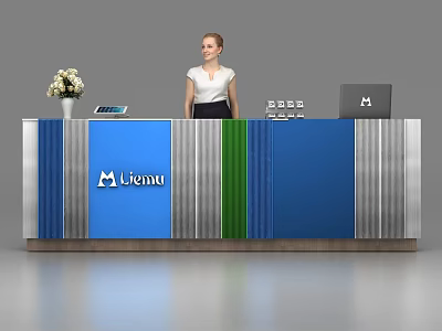 Modern Reception Desk With Blue Green Silver Panels Mirenus Logo Flower Vase Tablet And Laptop 3d model