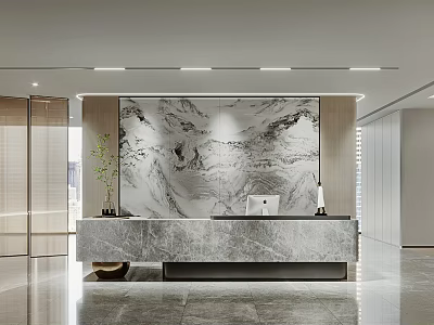 Modern Reception Desk with Marble Backdrop in Contemporary Office Interior and Potted Plant 3d model