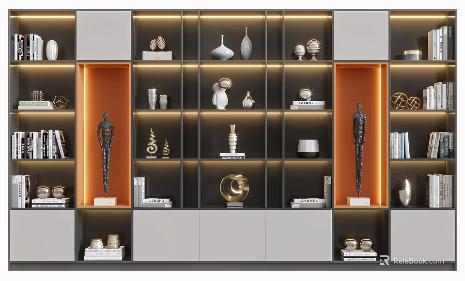 Modern Bookcase Design With Integrated Lighting Multiple Shelves And Decorative Items 3d model 