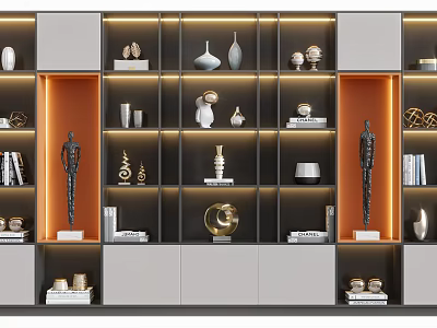 Modern Bookcase Design With Integrated Lighting Multiple Shelves And Decorative Items 3d model