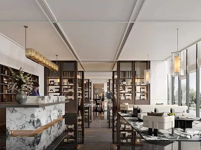 Elegant Hotel Lobby Interior With Marble Reception Desk Chandeliers Bookshelves And Sofas 3d model