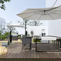 Garden Landscape With Wooden Deck Stone Pathways Outdoor Tables Chairs Umbrellas Trees And Lanterns