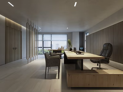 Modern Office Interior Design With Large Windows Wooden Desk And Leather Chair 3d model