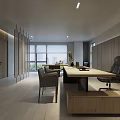 Modern Office Interior Design With Large Windows Wooden Desk And Leather Chair