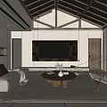 Warm Living Room With Wooden Beamed Ceiling Sofa Coffee Table And TV Wall