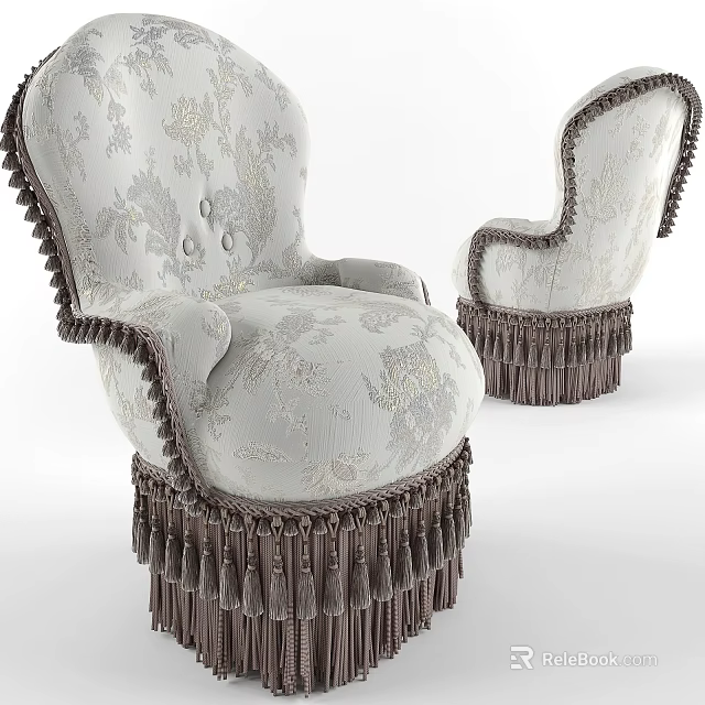 Elegant Single Sofa With Patterned Fabric And Fringe Trim In Light Dark Brown Tones 3d model 