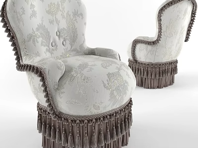 Elegant Single Sofa With Patterned Fabric And Fringe Trim In Light Dark Brown Tones 3d model