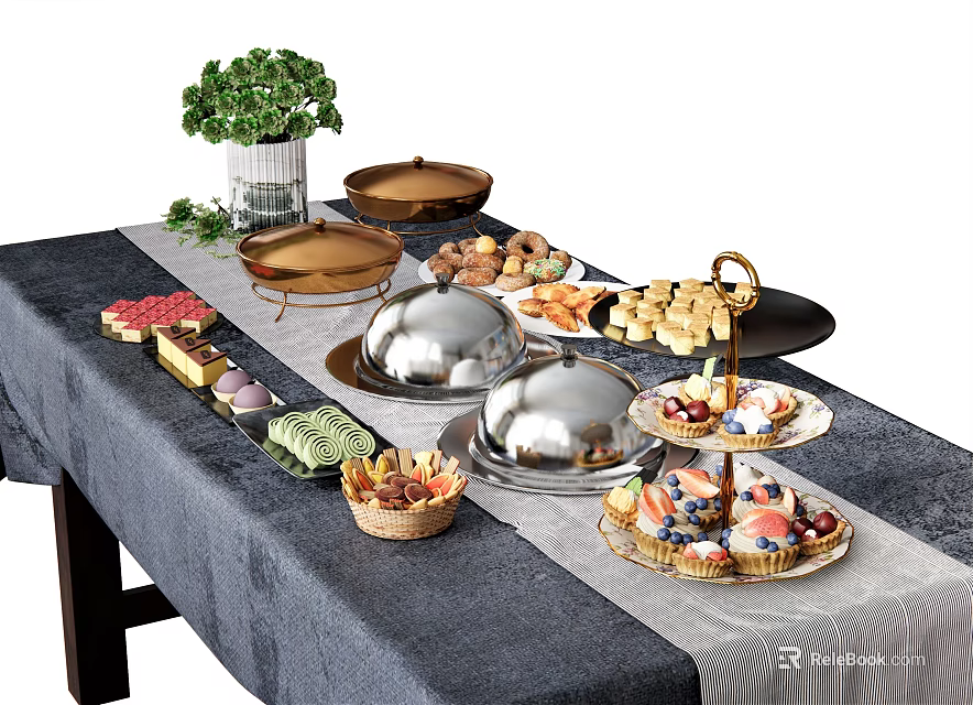 Assorted Food Buffet Setup With Silver Covered Platters Fruit Cups Cupcakes Cookies And Green Plant 3d model 