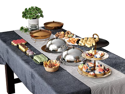 Assorted Food Buffet Setup With Silver Covered Platters Fruit Cups Cupcakes Cookies And Green Plant 3d model