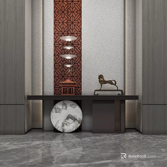 Elegant Chinese Console Table With Carved Screen Bronze Horse Statue And Marble Base 3d model 