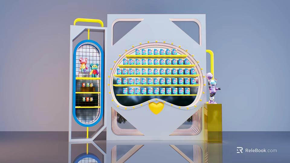 Modern Display Installation With Yellow Blue Frames Small Toys And Robot Model 3d model