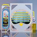 Modern Display Installation With Yellow Blue Frames Small Toys And Robot Model 3d model